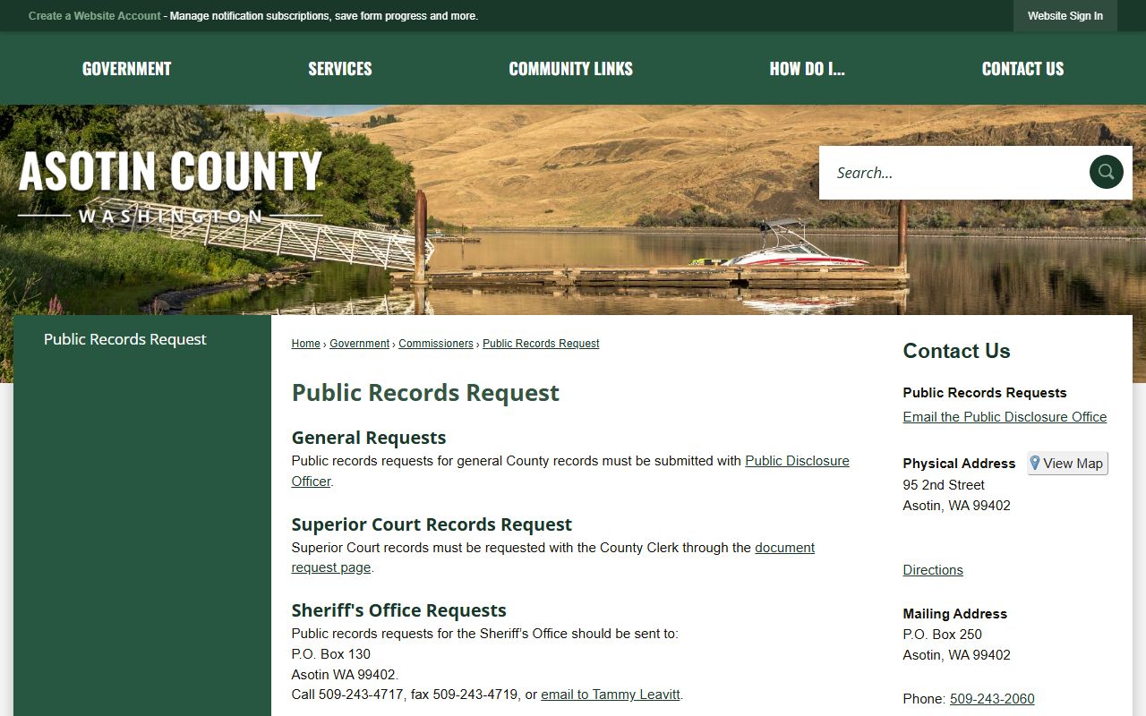 Asotin County public records request page for booking photo and jail record requests