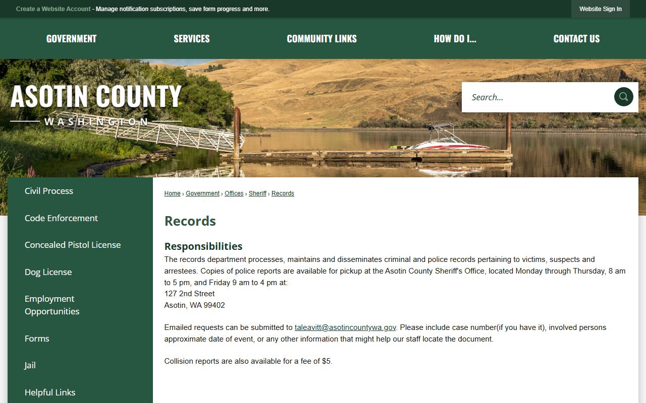 Asotin County sheriff records request page for inmate and arrest records