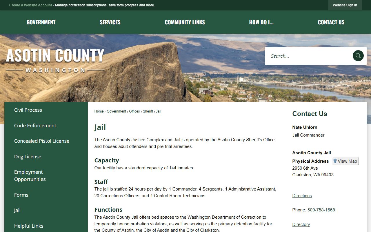 Asotin County Justice Complex and Jail inmate lookup facility page