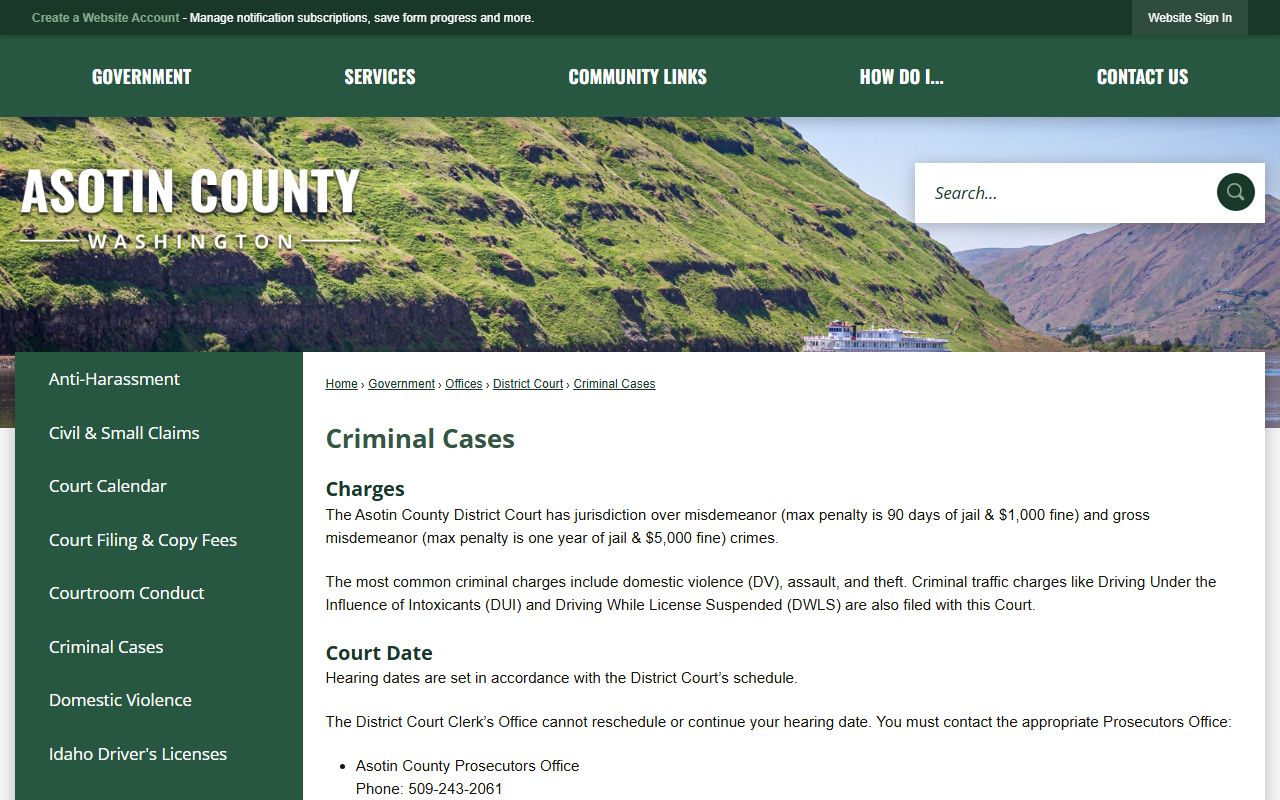 Asotin District Court criminal cases page for charges after jail arrest