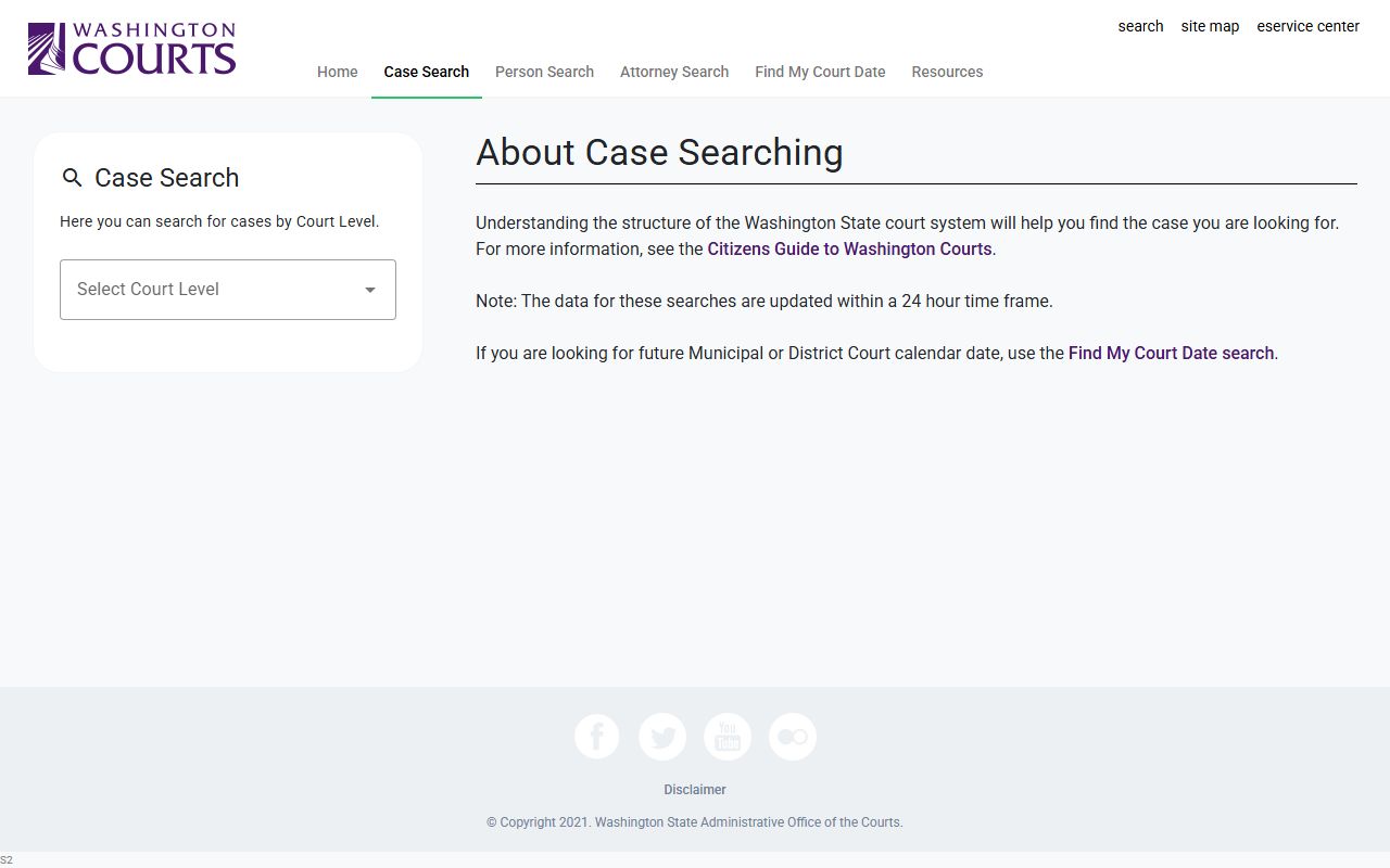 Washington Courts case search fields for Asotin County court records after arrest
